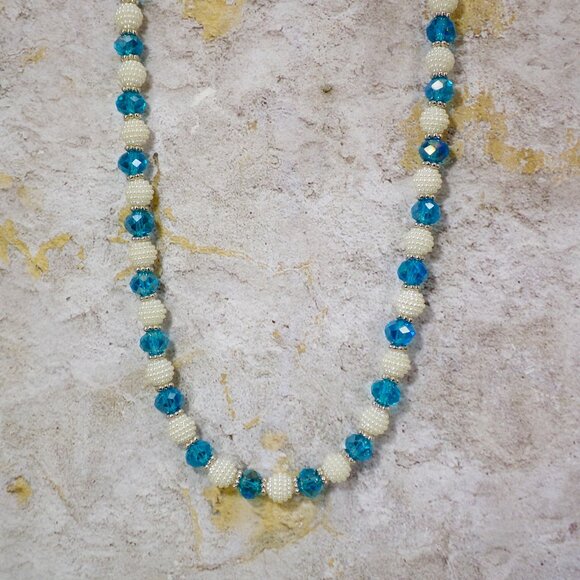 Blue glass and white round bead necklace an earring set with silver spacer beads - Picture 7 of 15